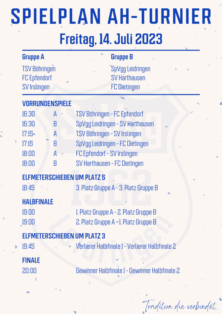 Spielplan AH Turnier Gruppe A TSV Böhringen FC Epfendorf SV Irslingen Gruppe B SpVgg Leidringen SV Harthausen FC Dietingen Freitag, 14. Juli 2023