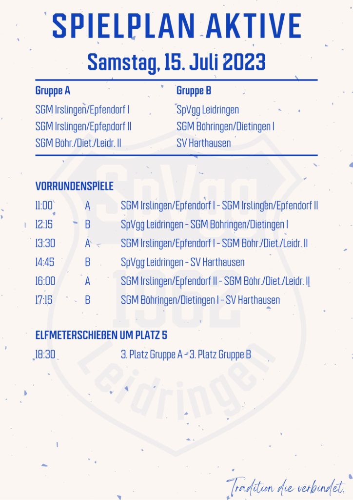 SPIELPLAN AKTIVE Samstag, 15. Juli 2023 Gruppe A SGM Irslingen/Epfendorf I SGM Irslingen/Epfendorf II SGM Böhr./Diet./Leidr. II Gruppe B SpVgg Leidringen SGM Böhringen/Dietingen I SV Harthausen